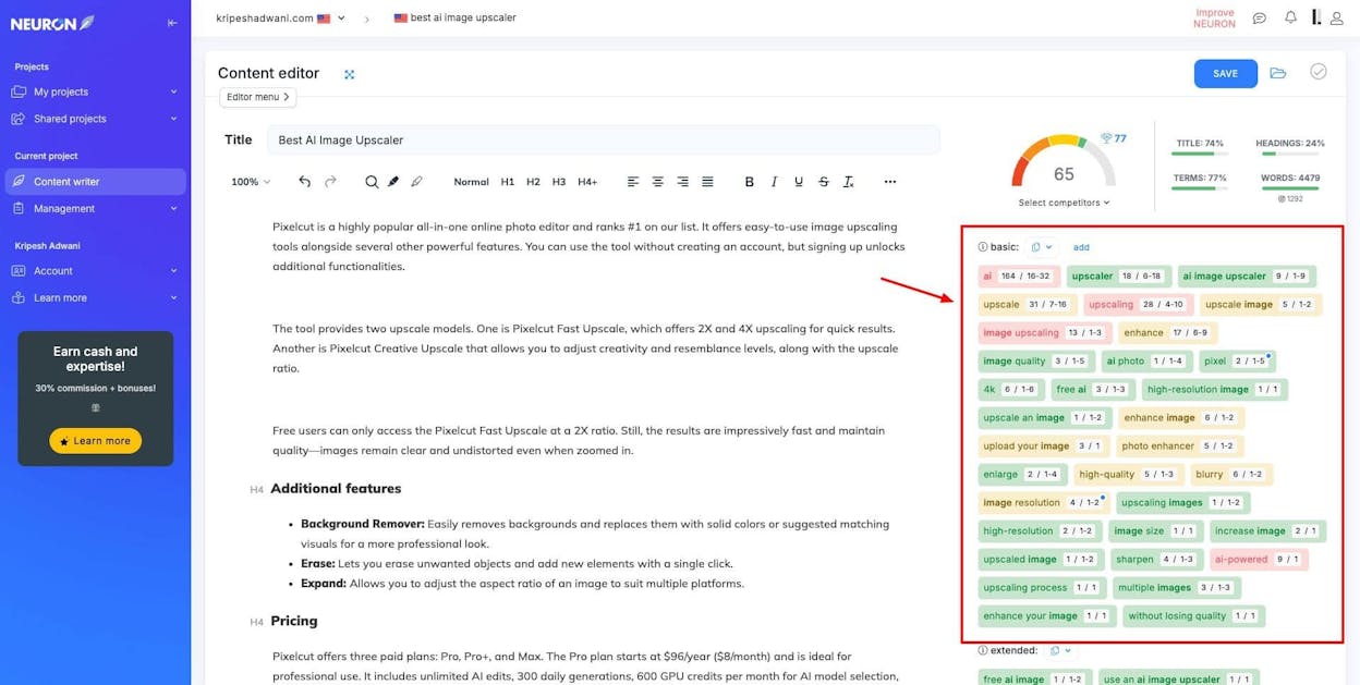 NeuronWriter’s content editor interface showing NLP term suggestions and content score