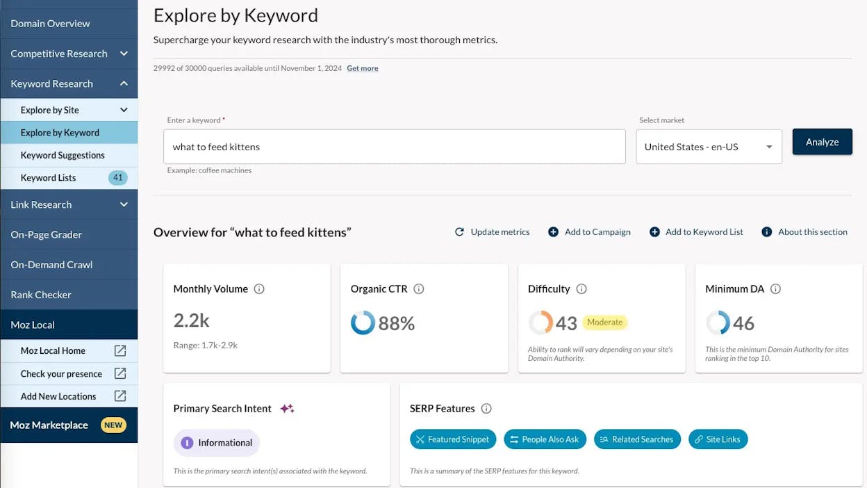 Moz Keyword Explorer SERP analysis showing the Priority Score circle and the keyword suggestions panel