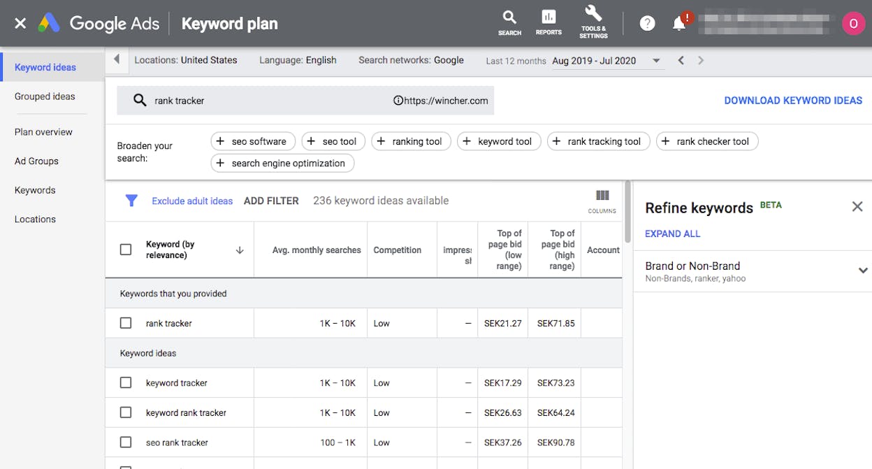 Google Keyword Planner &ldquo;Discover new keywords&rdquo; results for a seed term, with monthly searches and competition columns visible