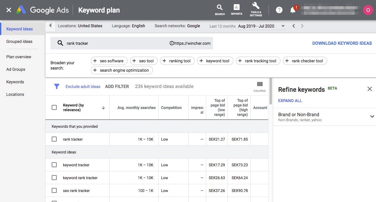 Google Keyword Planner “Discover new keywords” results for a seed term, with monthly searches and competition columns visible