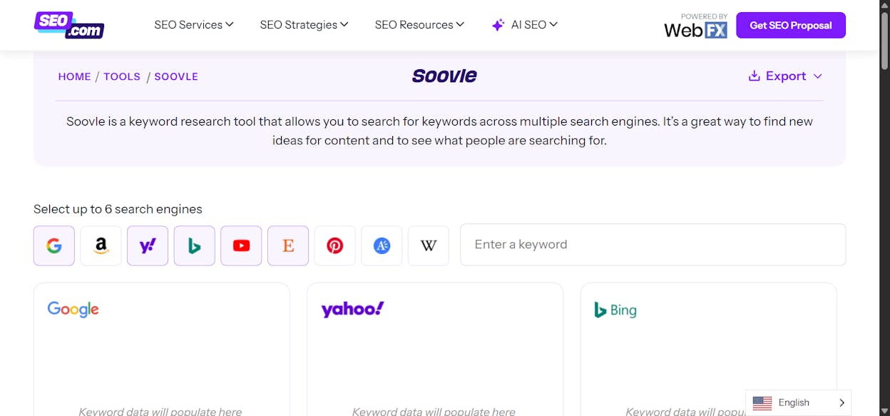 Soovle homepage with a seed keyword entered, suggestions fanning out from each platform&rsquo;s logo