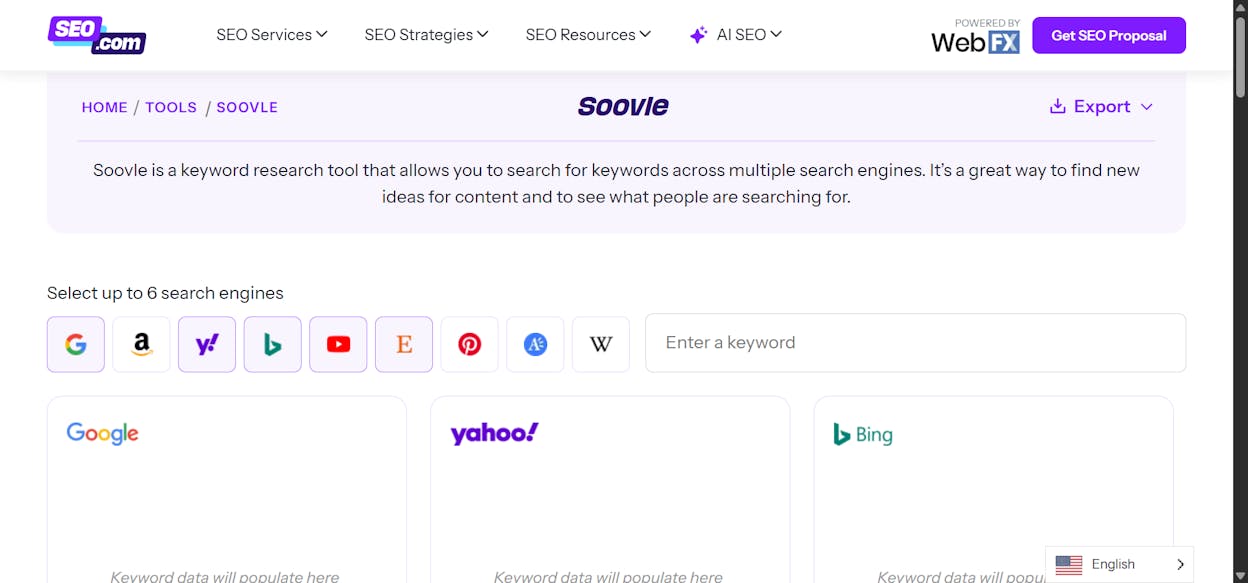 Soovle homepage with a seed keyword entered, suggestions fanning out from each platform’s logo