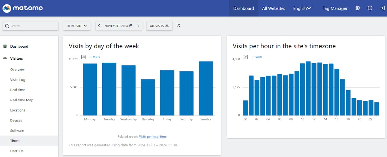 Matomo&rsquo;s dashboard showing visitor overview, real-time data, and behavior flow