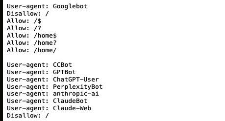robots.txt file showing AI crawler user agents like ChatGPT-User and GPTBot