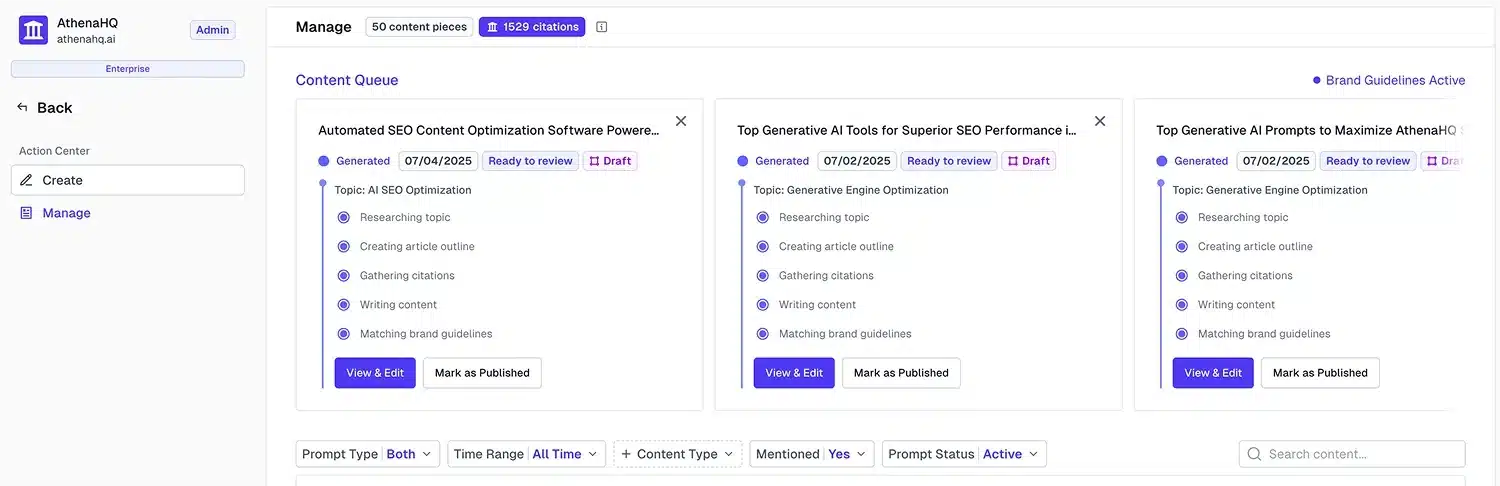 AthenaHQ showing on-page GEO automation interface