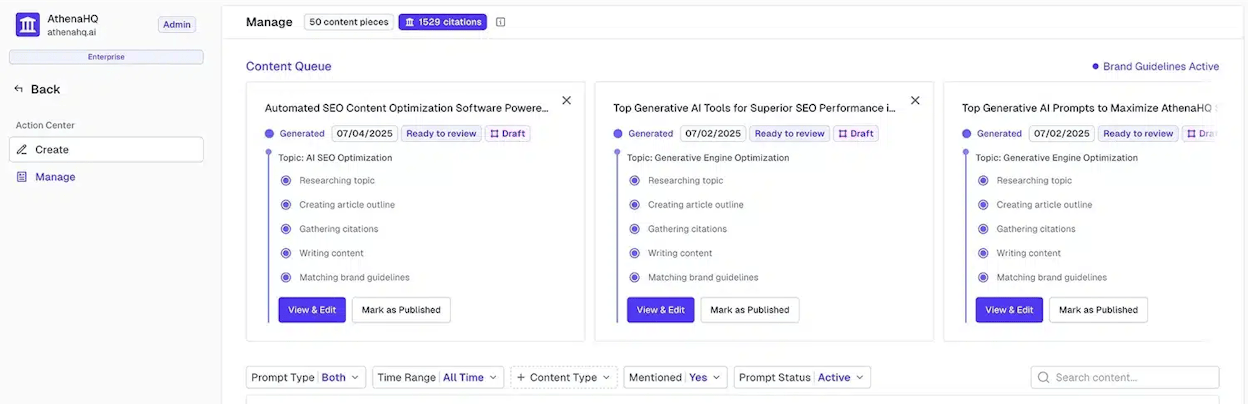 AthenaHQ showing on-page GEO automation interface