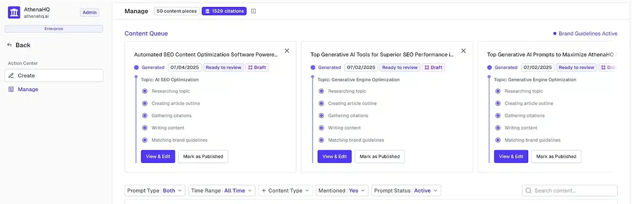 AthenaHQ showing on-page GEO automation interface
