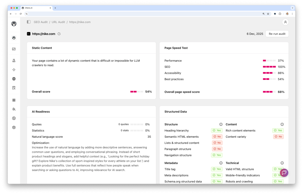 Otterly AI’s GEO audit results page
