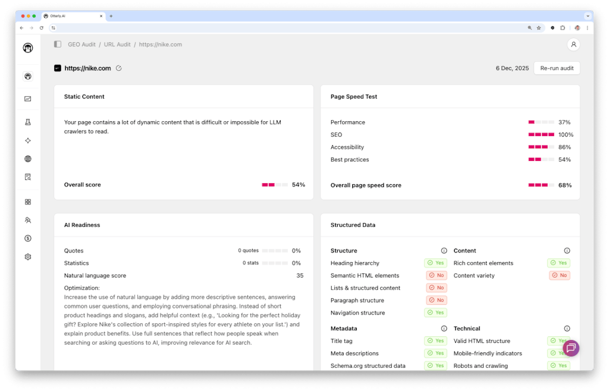 Otterly AI&rsquo;s GEO audit results page