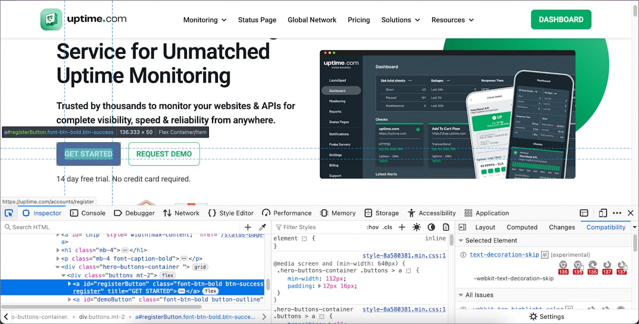 the Uptime.com dashboard showing synthetic transaction tests and API monitoring