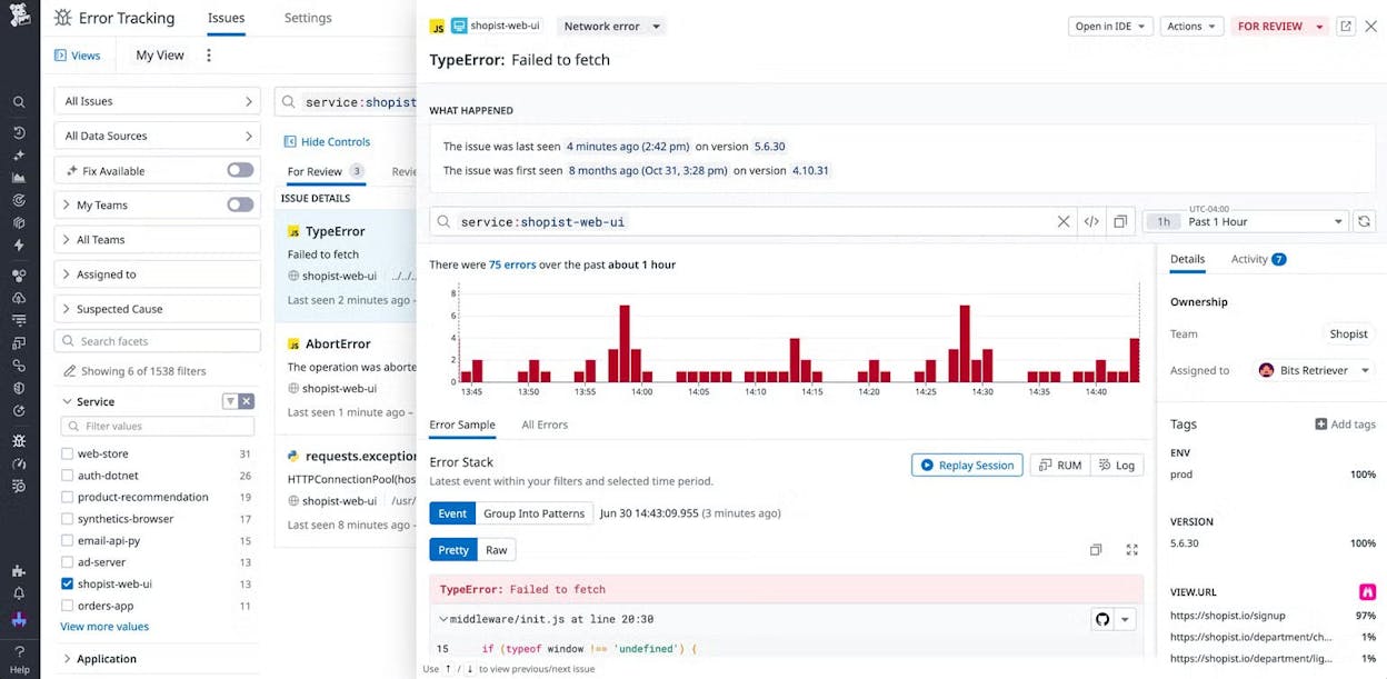 Datadog observability dashboard showing RUM, APM, and infrastructure metrics