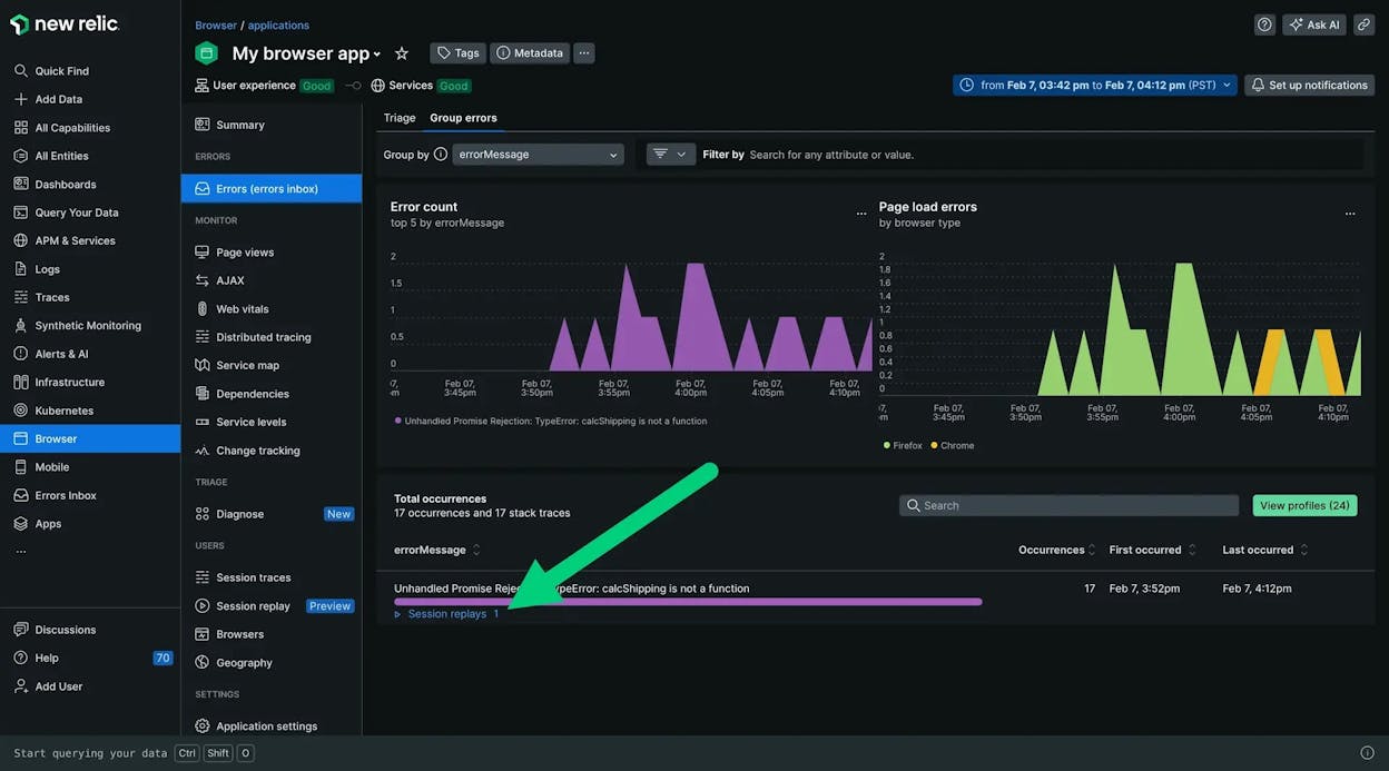 New Relic DEM dashboard showing session replay and backend correlation