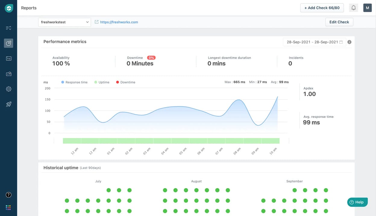 Freshping dashboard showing uptime monitors and status page