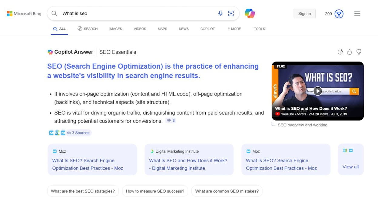 Bing Copilot answering a research query with inline citations