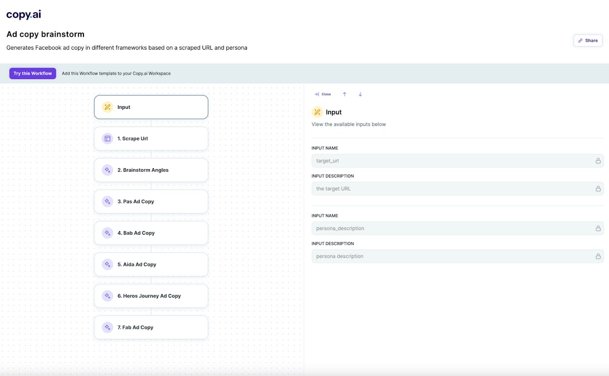 Copy.ai template selector with multiple output variations for an ad headline