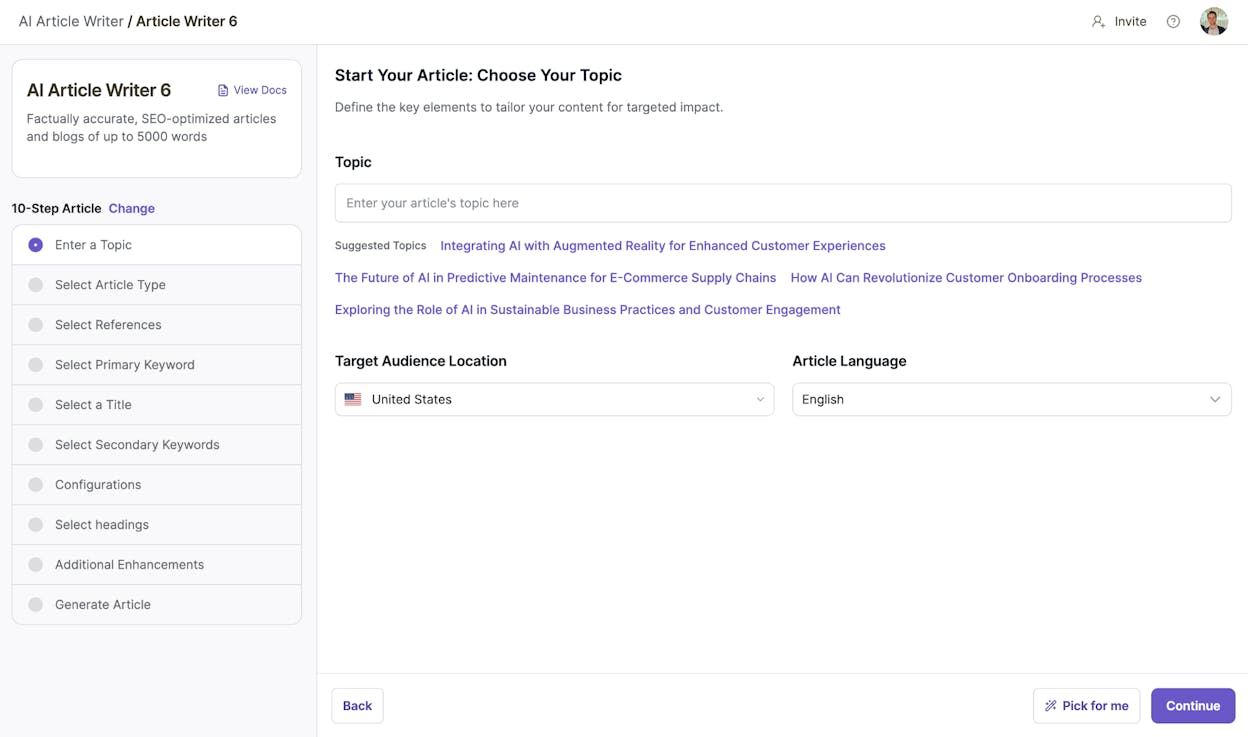 Writesonic AI Article Writer dashboard with keyword inputs and SEO score