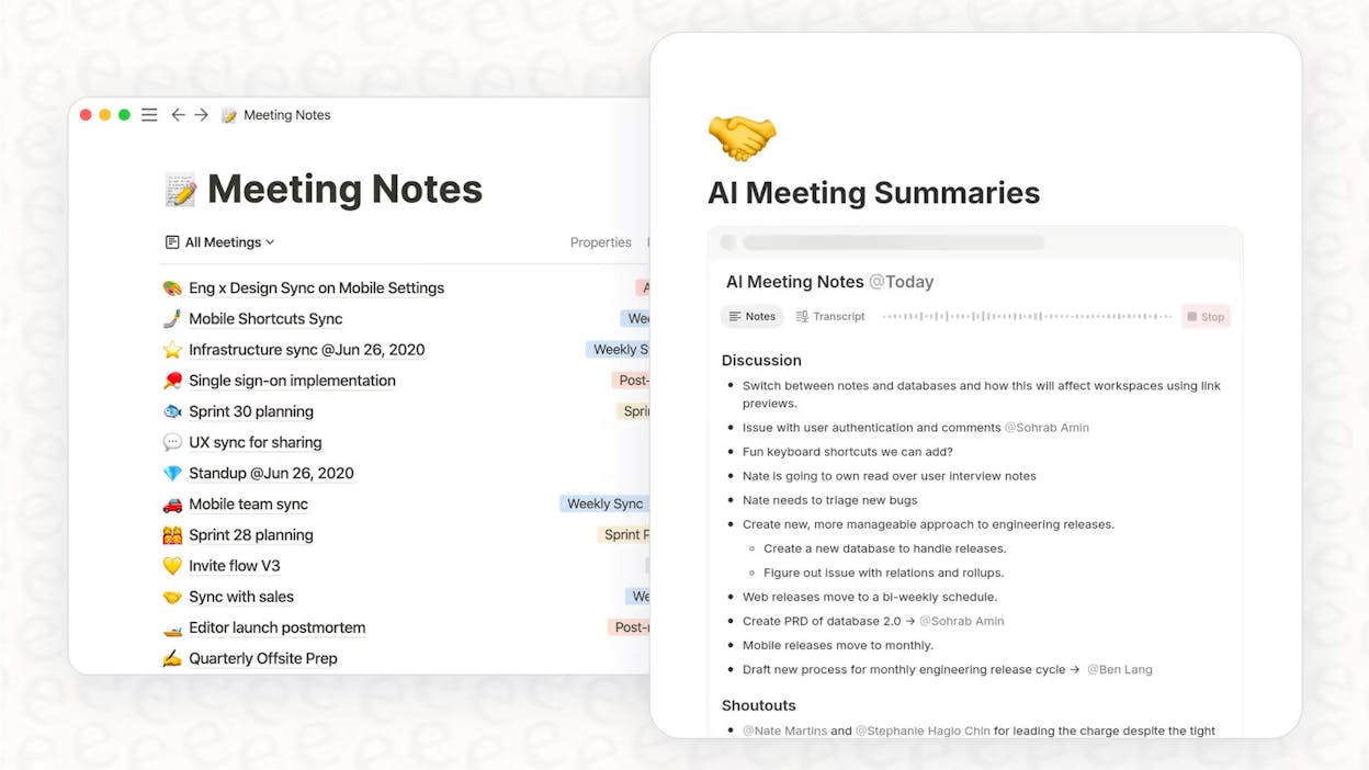 Notion page with the AI inline composer generating a meeting summary