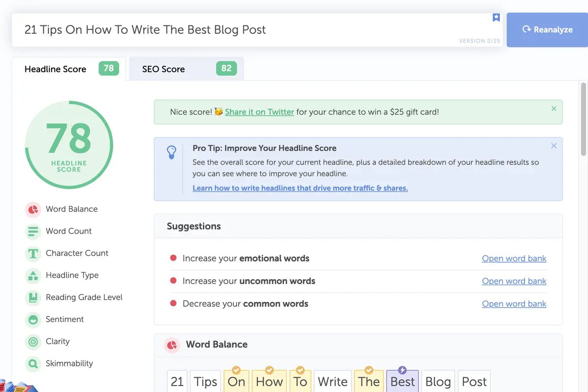 Headline Studio score breakdown showing word balance, sentiment, and clarity for a sample title