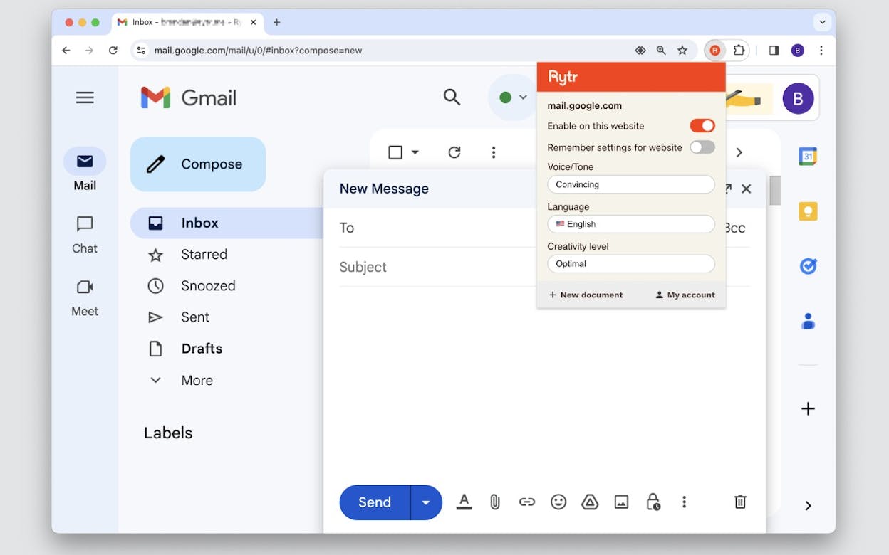 Rytr dashboard showing template selection and a generated email response