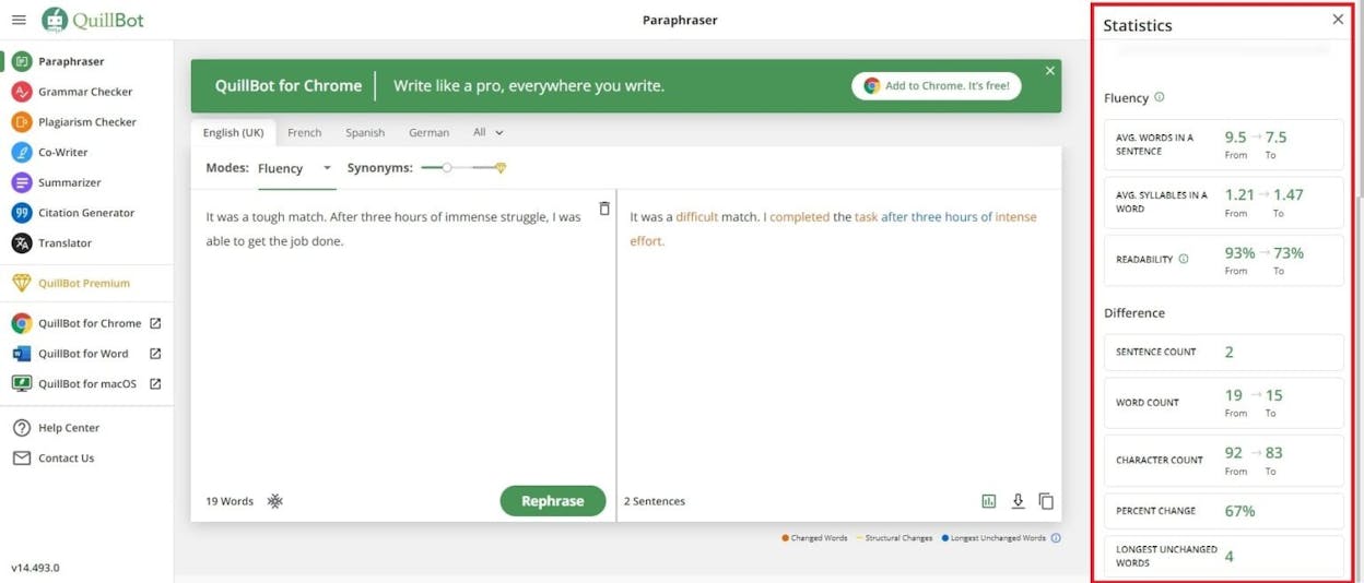QuillBot interface showing six paraphrase modes on the same input