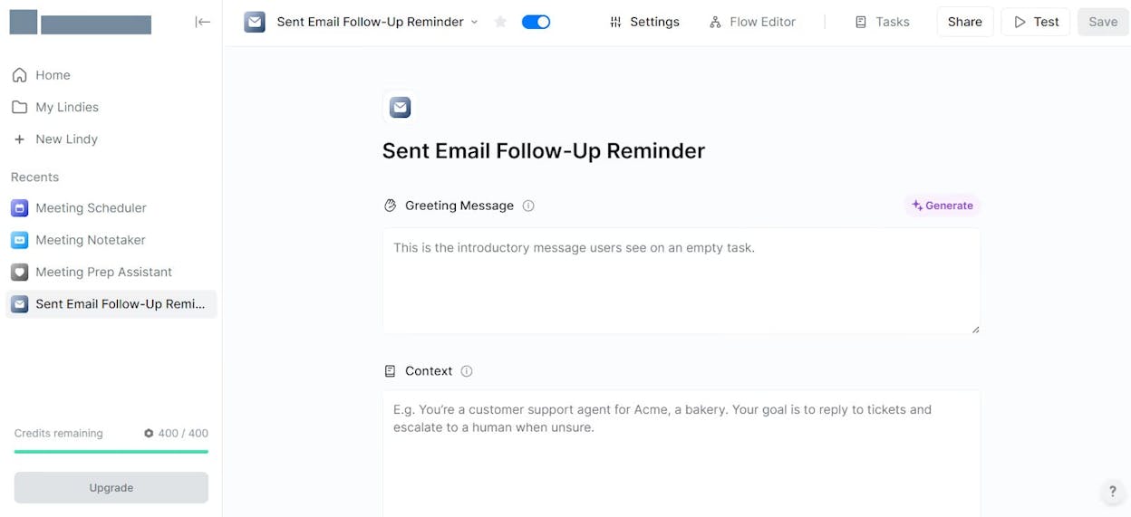 Lindy AI workflow builder showing an email follow-up sequence with CRM triggers