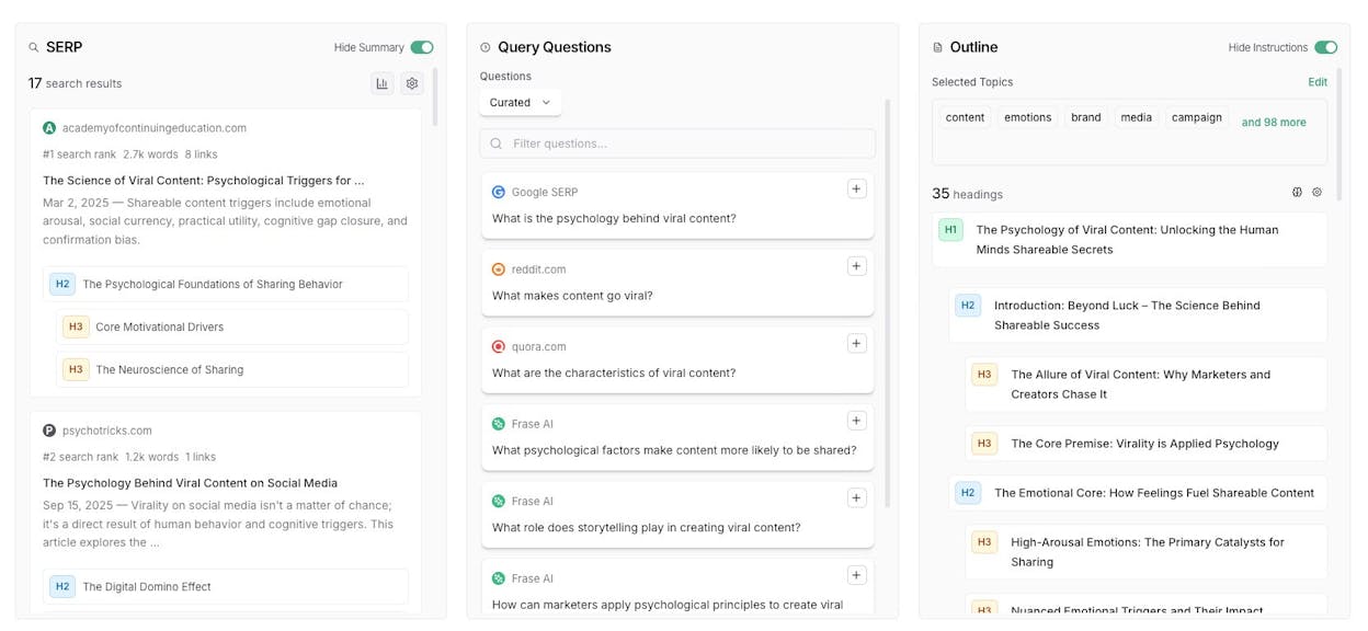Frase&rsquo;s SERP analysis tab with People Also Ask data