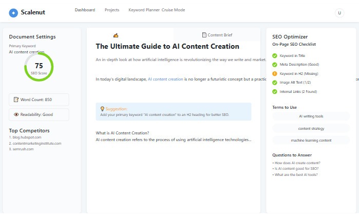 Scalenut’s Cruise Mode content generation interface