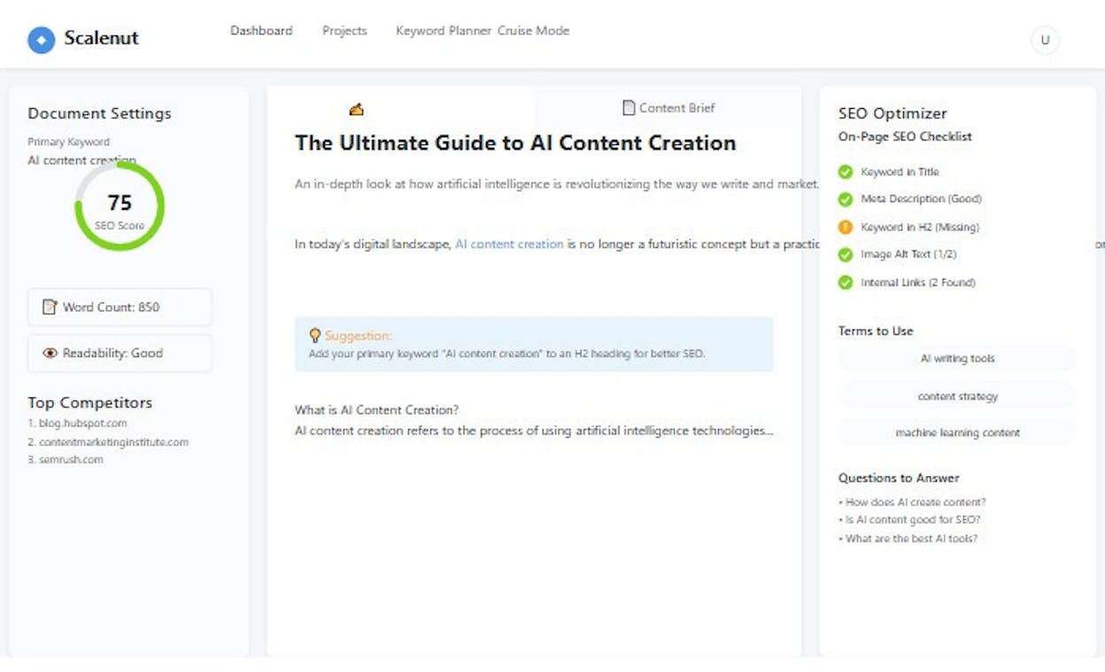 Scalenut&rsquo;s Cruise Mode content generation interface