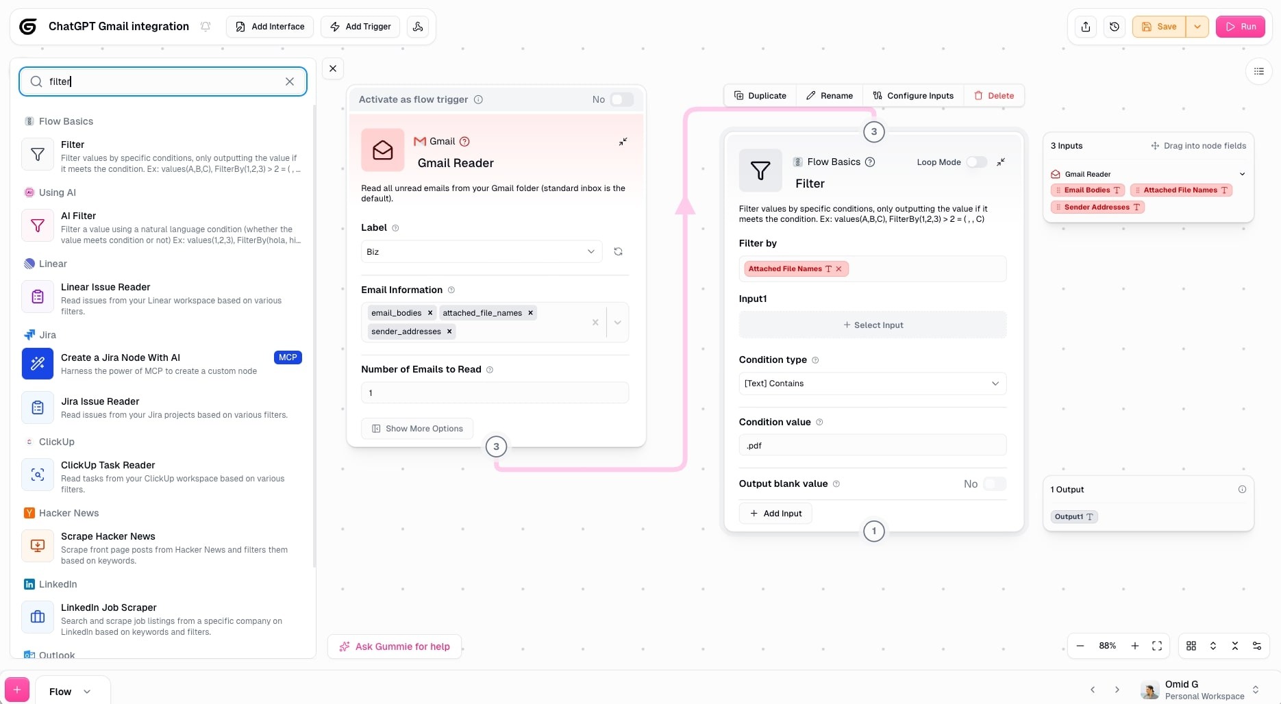 Gumloop&rsquo;s AI agent builder interface showing a drag-and-drop workflow