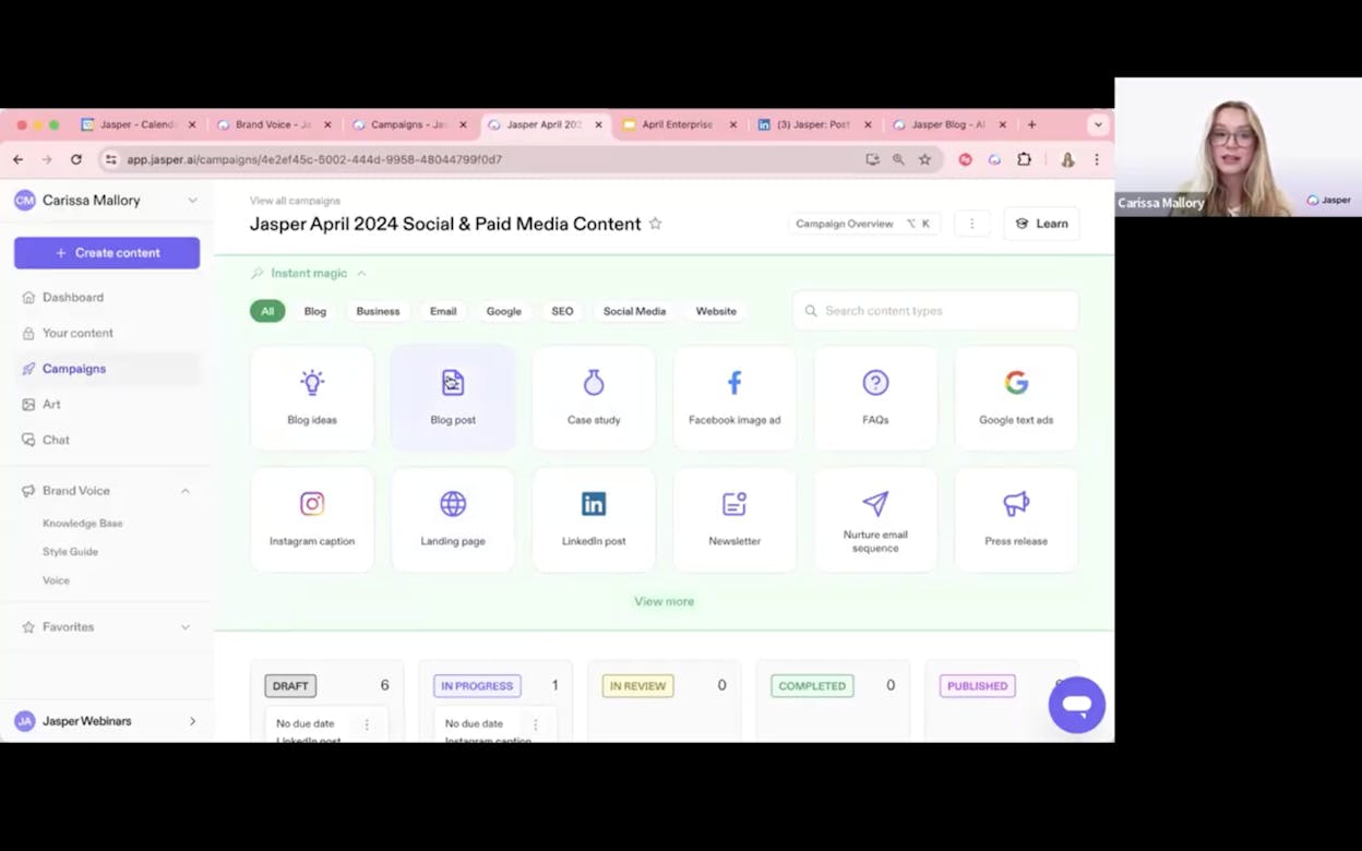 Jasper&rsquo;s AI content platform showing the brand voice and campaign features