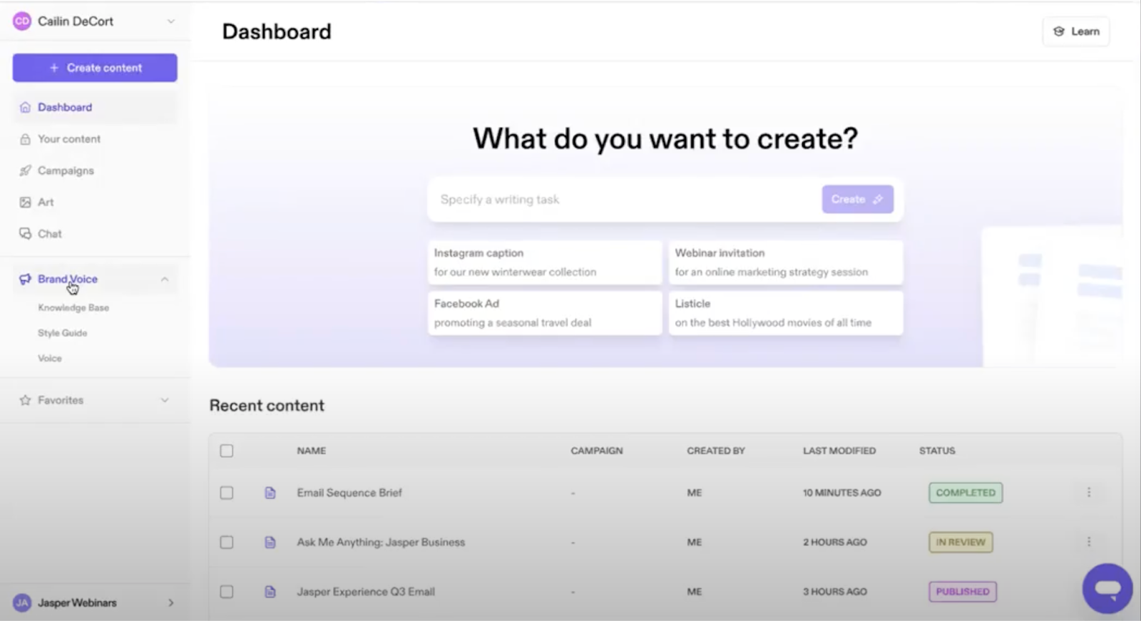 Jasper AI brand voice configuration and campaign builder interface