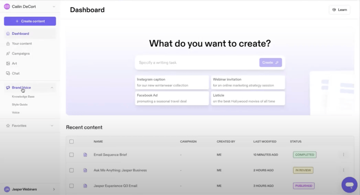 Jasper AI brand voice configuration and campaign builder interface