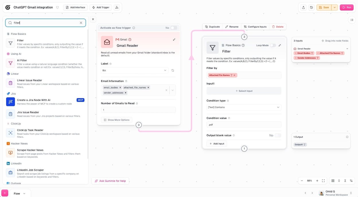 Gumloop&rsquo;s drag-and-drop workflow builder with connected nodes
