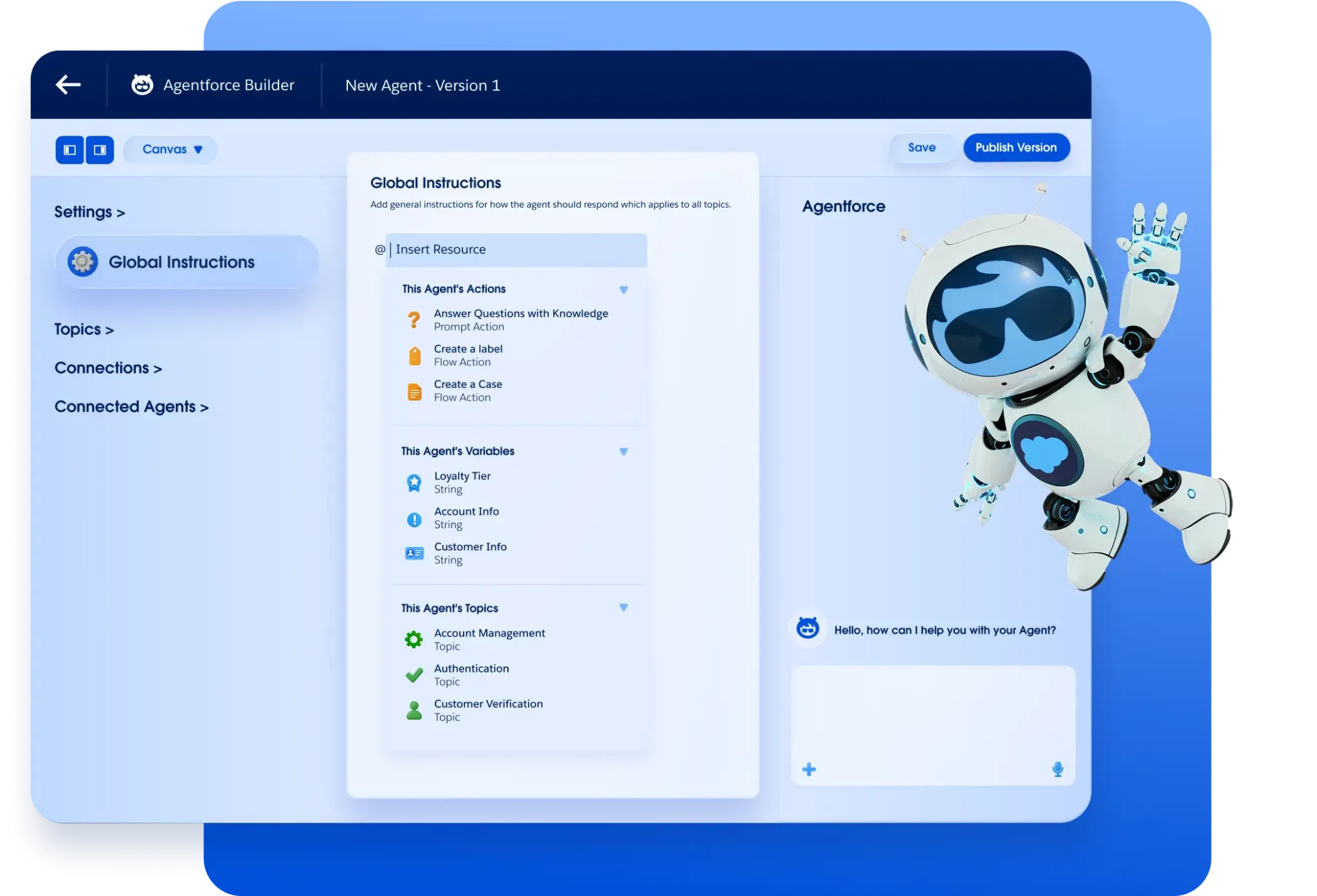 Salesforce Agentforce agent builder with configurable actions
