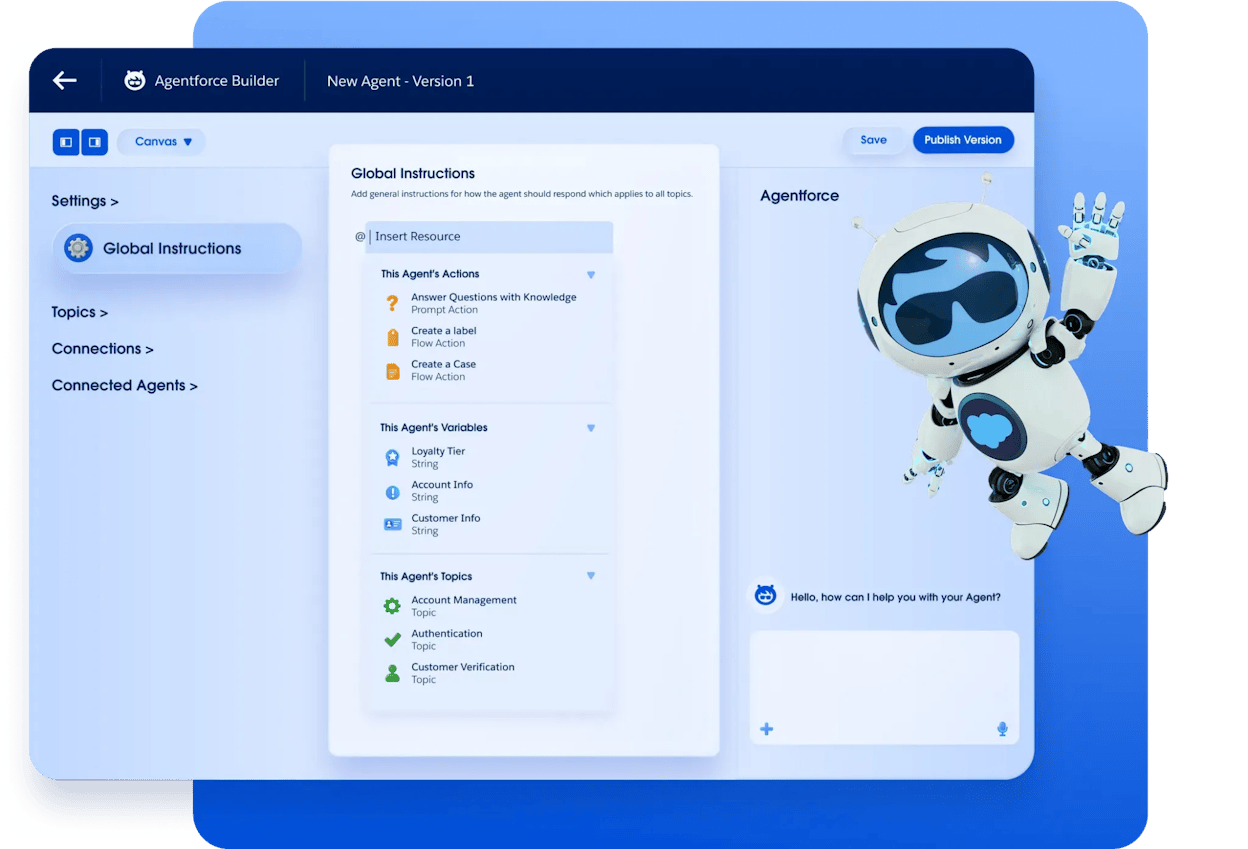 Salesforce Agentforce agent builder with configurable actions