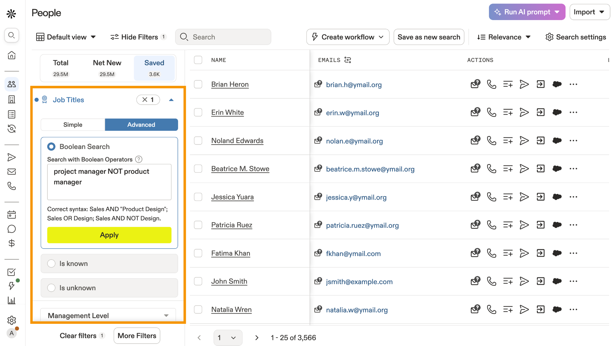 Apollo’s dashboard showing lead search with ICP filters applied