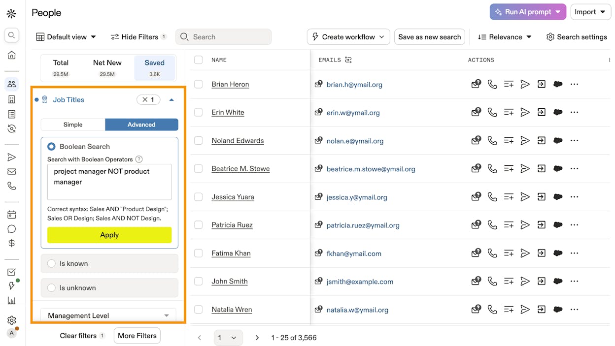 Apollo’s dashboard showing lead search with ICP filters applied
