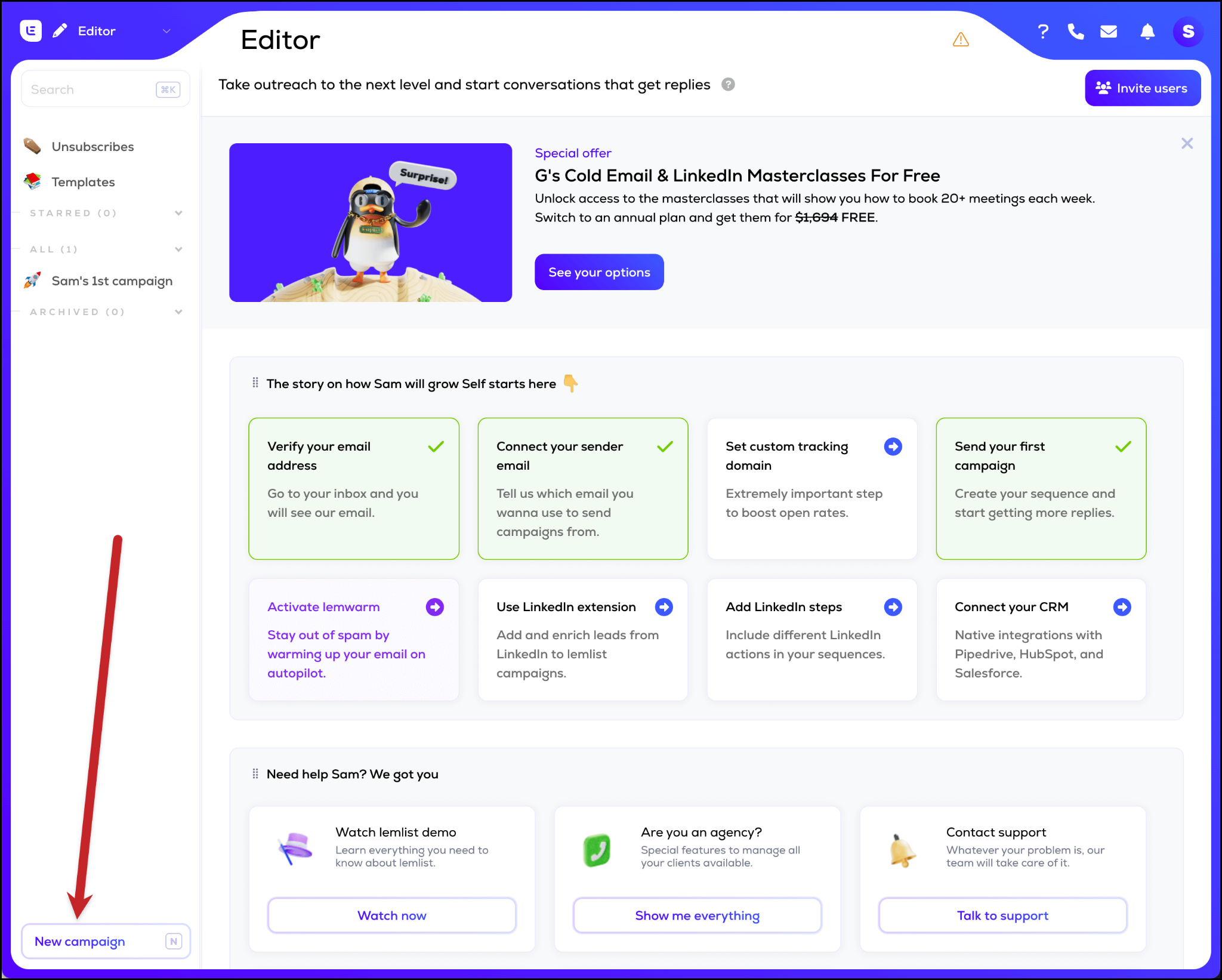 Lemlist’s campaign editor showing a multi-channel sequence with email, LinkedIn, and call steps