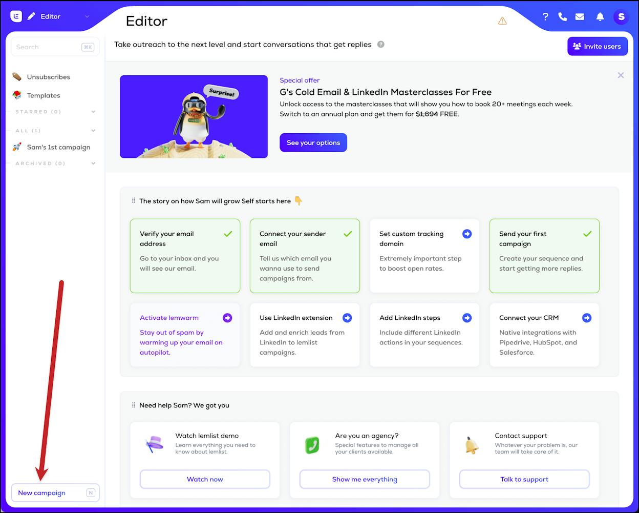 Lemlist’s campaign editor showing a multi-channel sequence with email, LinkedIn, and call steps