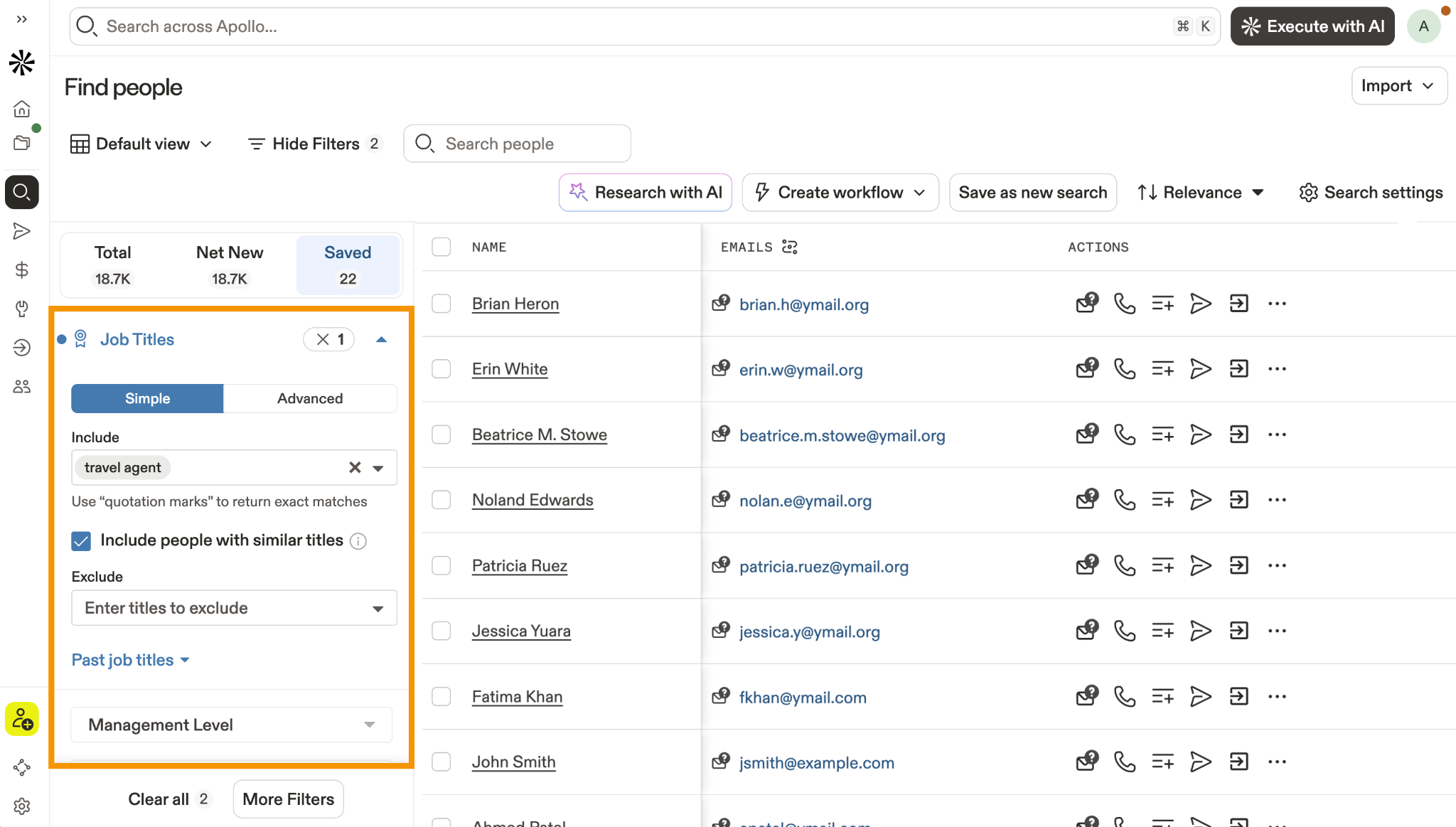Apollo’s prospecting dashboard showing contact database with filters and search options