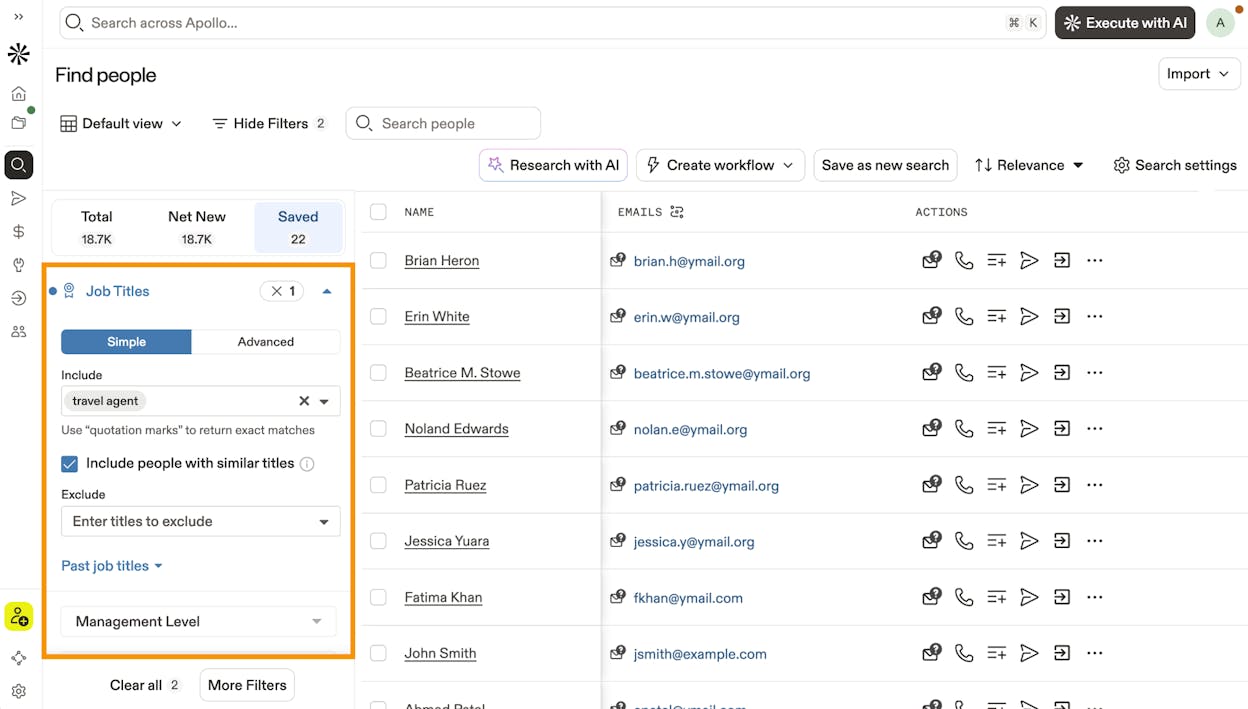 Apollo&rsquo;s prospecting dashboard showing contact database with filters and search options