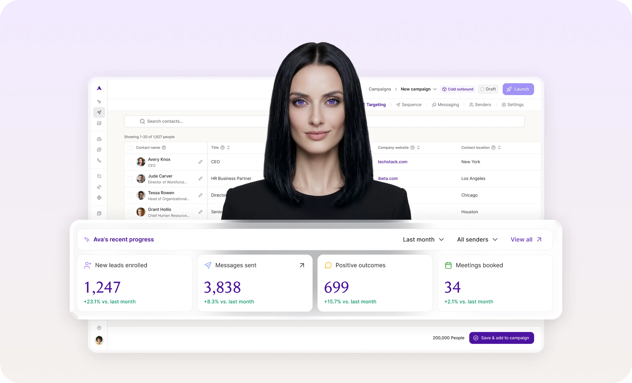 Artisan’s Ava AI SDR interface showing prospecting and outreach capabilities