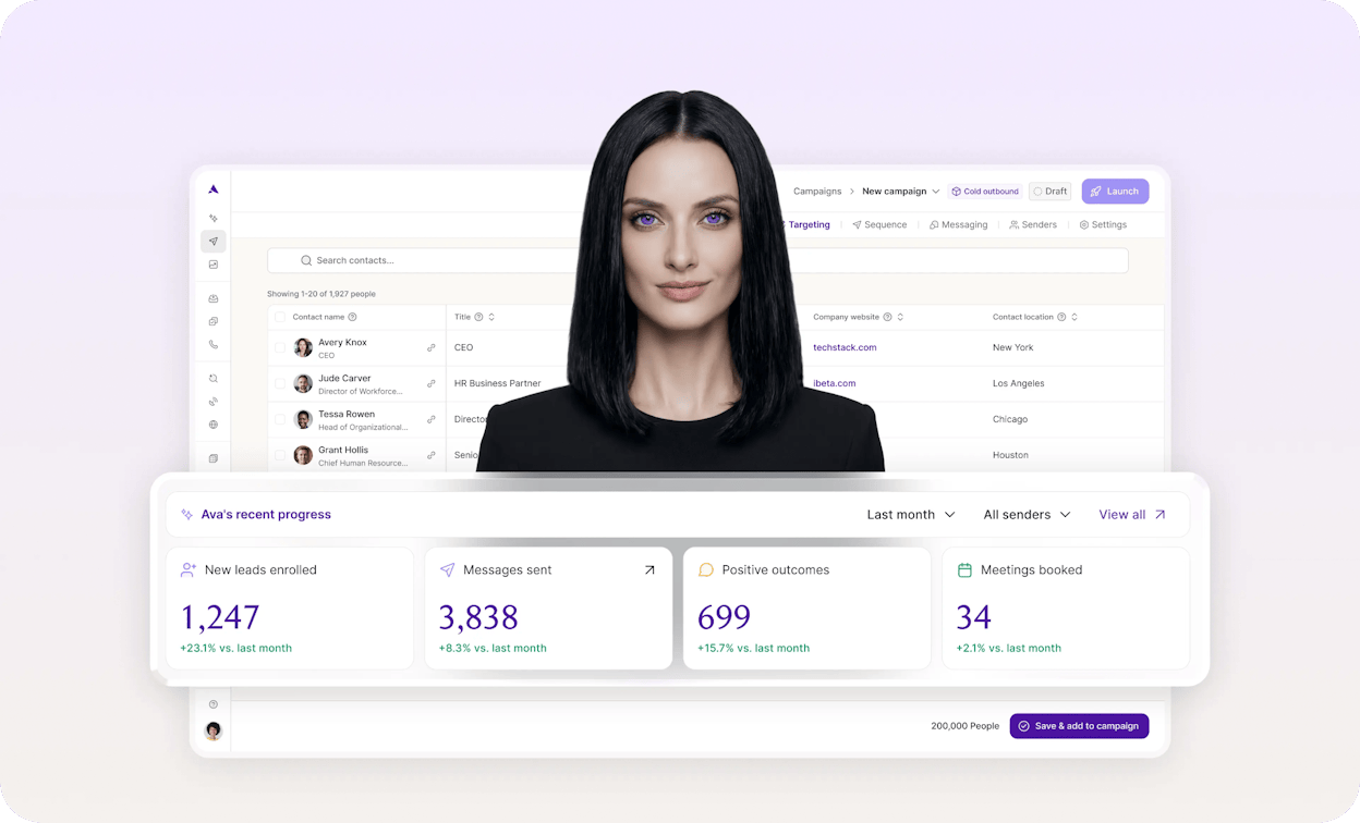 Artisan’s Ava AI SDR interface showing prospecting and outreach capabilities
