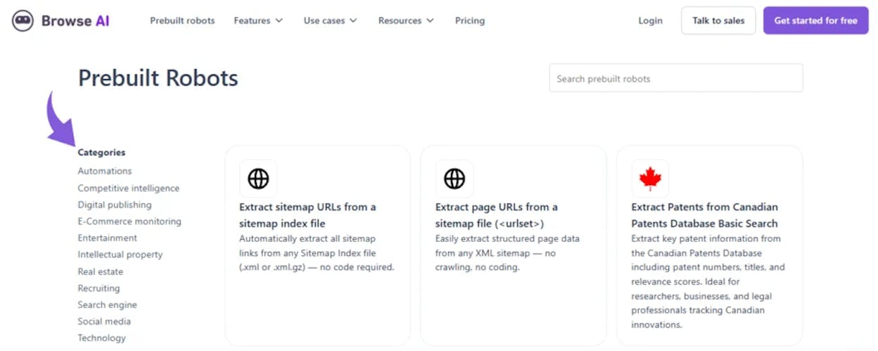 Browse AI showing pre-built robot templates