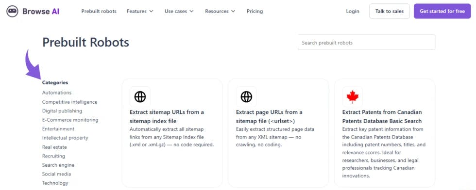 Browse AI showing pre-built robot templates