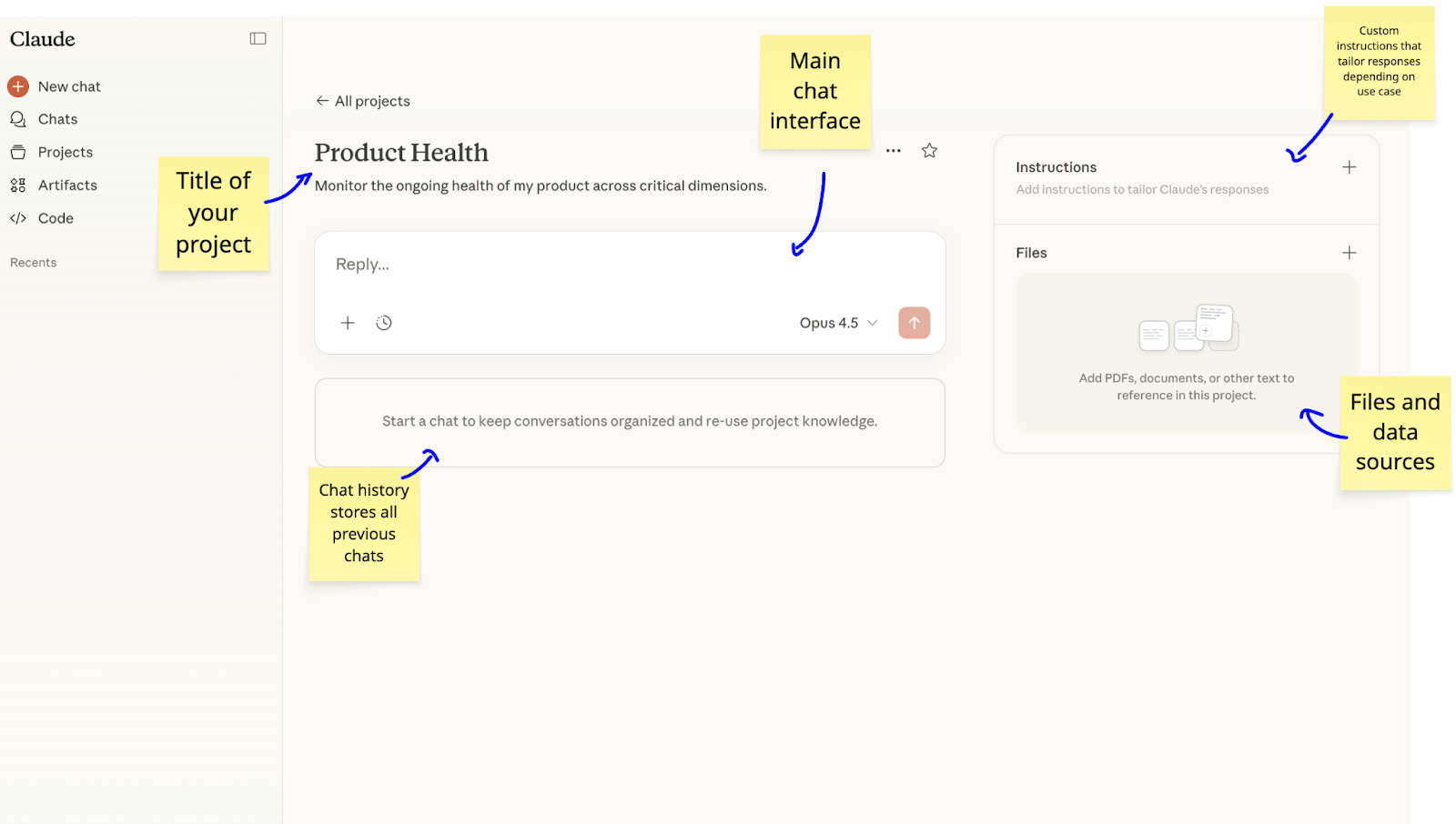 Claude desktop app with a project open showing custom instructions and reference files