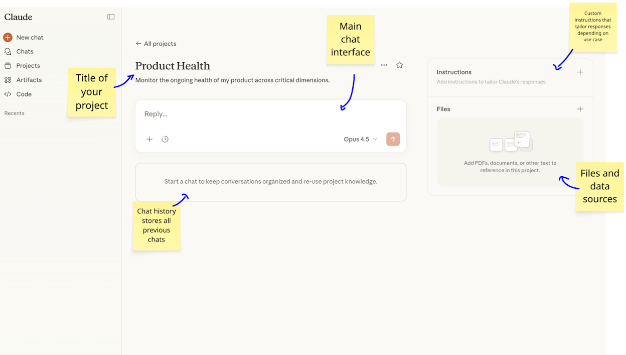 Claude desktop app with a project open showing custom instructions and reference files