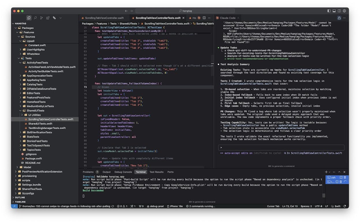 Cursor IDE with Claude Code running a coding task in the terminal panel
