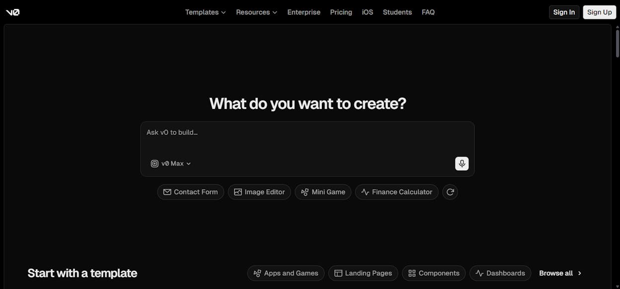 v0 interface showing a prototype web app with live preview and code panel