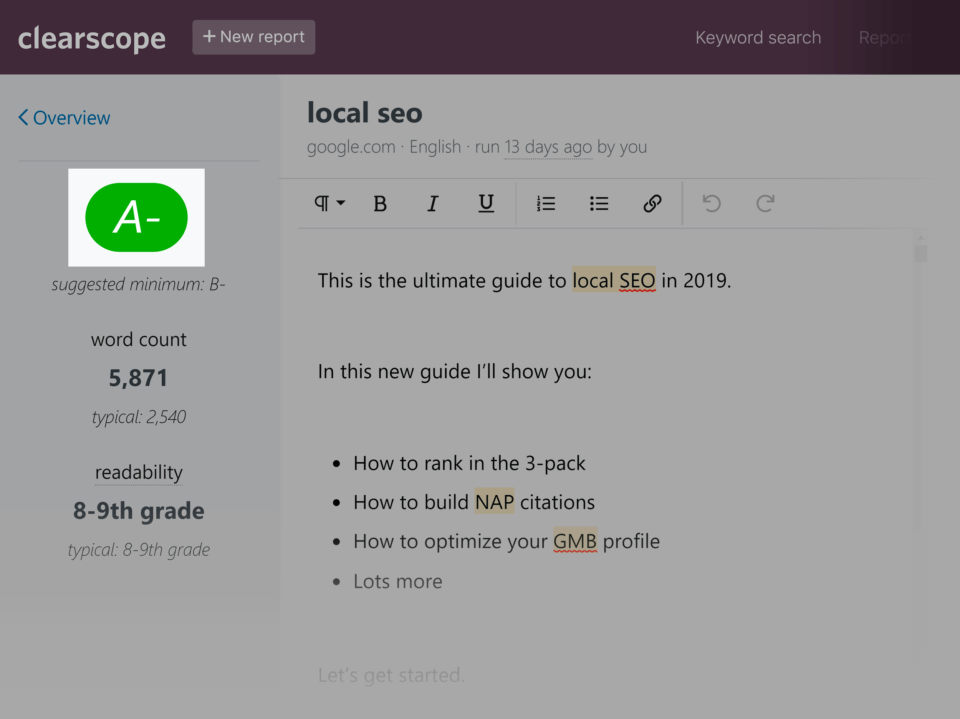 Clearscope content report showing keyword recommendations and content grade for a target keyword